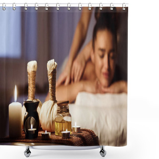 Personality  Woman Relaxing In Spa Salon With Herbal Bags On Wooden Tray Shower Curtains