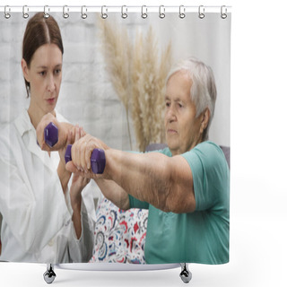 Personality  Therapist Assisting Senior Woman With Exercises. Elderly Patient Using Dumbbells In The Physical Therapy Session. Rehabilitation Health Care Concept. Shower Curtains