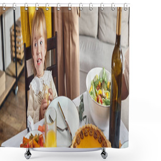 Personality  Banner Of Toddler Girl Looking Away And Smiling Near Pumpkin Pie During Thanksgiving Celebration Shower Curtains
