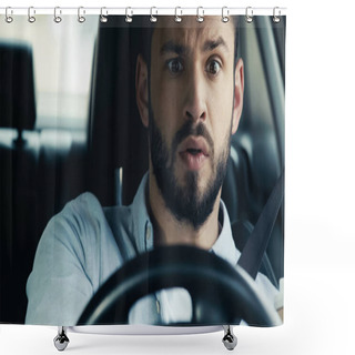 Personality  Scared And Worried Man Looking Ahead While Driving Automobile Shower Curtains