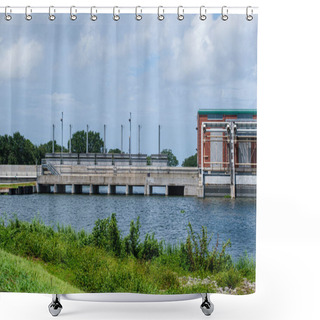 Personality  NEW ORLEANS, LA, USA - AUGUST 25, 2020: London Avenue Canal Floodgates Alongside Pumping Station Shower Curtains