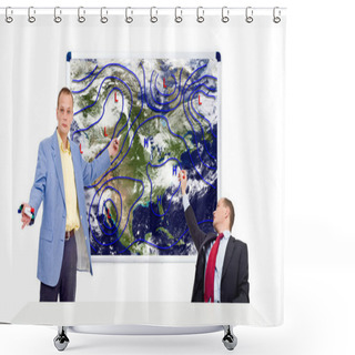 Personality  Weathermen Behind An Anchor Desk Shower Curtains