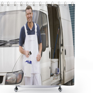 Personality  Painter Standing With Van Smiling Shower Curtains