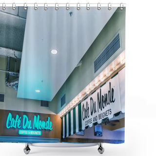 Personality  NEW ORLEANS - JANUARY 2016: Cafe Du Monde Entrance Signs. Cafe D Shower Curtains