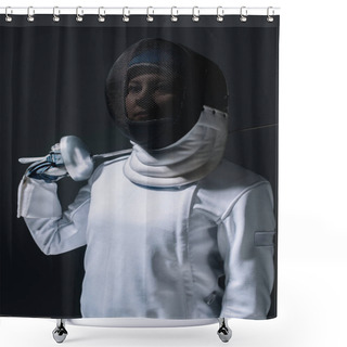 Personality  Fencer In Fencing Mask Looking At Camera And Holding Rapier Isolated On Black  Shower Curtains