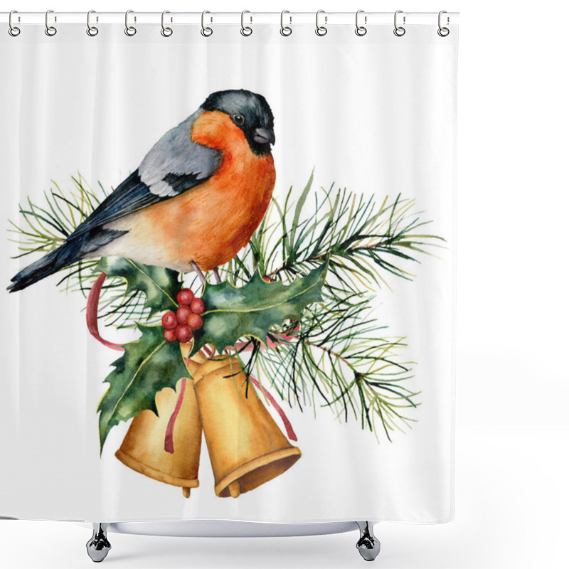 Personality  Watercolor Christmas Card With Bullfinch And Holiday Design. Hand Painted Bird With Bells, Holly, Red Bow, Berries, Fir Branch Isolated On White Background. Winter Symbol For Design, Print. Shower Curtains
