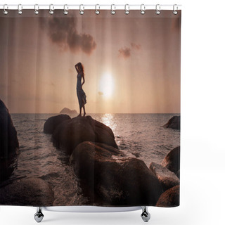 Personality  Elegant Woman Posing On Beach At Sunset Shower Curtains