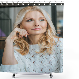 Personality  Dreamy Woman With Blonde Hair Thinking At Home Shower Curtains