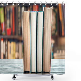 Personality  Books On Wooden Desk Shower Curtains
