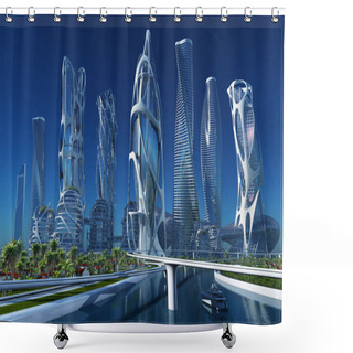 Personality  Future City On The Coast.3d Render Shower Curtains