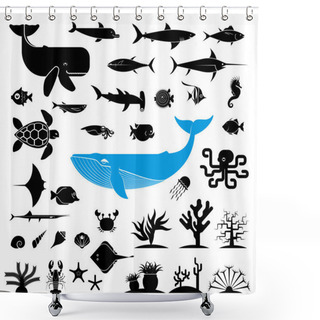 Personality  Large Collection Of Geometrically Stylized Sea Animal Icons.  Shower Curtains