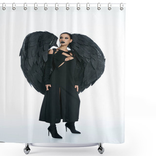 Personality  Full Length Of Mysterious Woman In Costume Of Black Winged Demon Looking Away On White Backdrop Shower Curtains