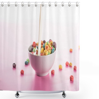 Personality  Bright Multicolored Breakfast Cereal In Bowl With Pouring Milk On Pink Background Shower Curtains