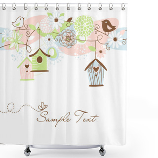 Personality  Beautiful Floral Background With Bird Houses, Birds And Flowers Shower Curtains