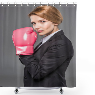 Personality  Beautiful Businesswoman In Suit And Pink Boxing Gloves, Isolated On Grey Shower Curtains