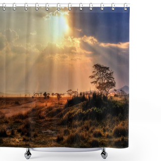Personality  Gorgeous Sunset With Sunbeams On The Savannah In Africa Shower Curtains
