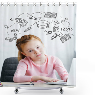 Personality  Bored Little Schoolgirl Looking At Camera While Using Laptop At Home With Educational Icons Shower Curtains