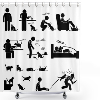 Personality  Man And Cat Relationship Pet Stick Figure Pictogram Icon Shower Curtains