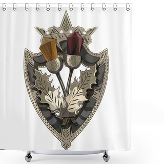 Personality  Celtic Scottish Brooch In The Shape Of A Shield With Crown, Scottish Thistle Adorned With Stones Like Garnet And Amber Shower Curtains