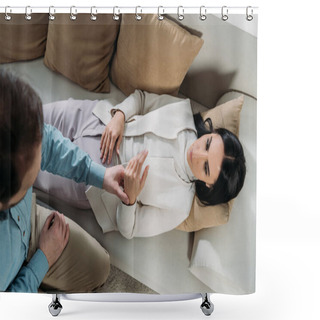 Personality  Overhead View Of Hypnotist Holding Wrist Of Young Woman Lying In Couch Shower Curtains