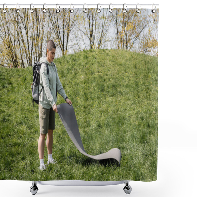 Personality  Smiling Young Short Haired Female Tourist In Casual Clothes With Backpack Putting Fitness Mat On Grass With Hill And Nature At Background, Connecting With Nature Concept, Summer Shower Curtains