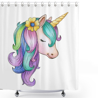 Personality  Portrait Of Colorful Unicorn Isolated On White Background Shower Curtains