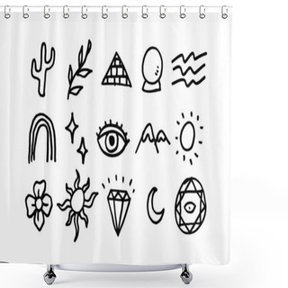Personality  Set Of Hand Drawn Illustration Of Boho Style Icon. Simple And Minimal Vector Design For Element Decoration. Pencil Sketch Drawing In Graphic. Shower Curtains