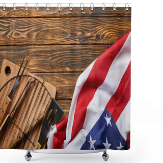 Personality  Top View Of American Flag Near Bbq Equipment On Wooden Rustic Table Shower Curtains