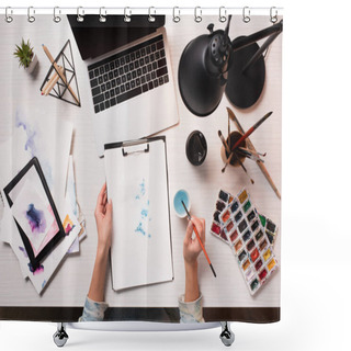 Personality  Office Desk With Laptop, Art Supplies And Cropped View Of Designer Drawing, Flat Lay Shower Curtains