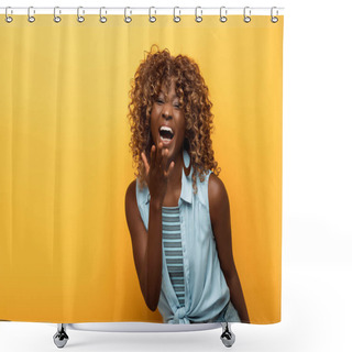 Personality  Happy African American Woman Laughing On Yellow Background Shower Curtains
