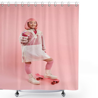 Personality  Happy Woman In Pink Stylish Outfit Posing With Cup Of Coffee And Skateboard On Vibrant Background Shower Curtains