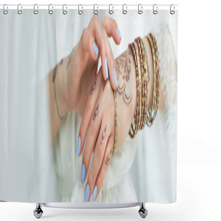 Personality  Cropped View Of Young Indian Bride With Mehndi Wearing Bracelets, Banner Shower Curtains