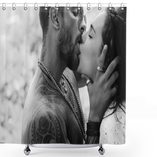 Personality  Handsome Muscular Guy And Amazing Sexy Woman. Cosmopolitan Couple. Love And Flirt. Muscular Man And Fit Slim Young Female Kissing. Couple Goals. Shower Curtains