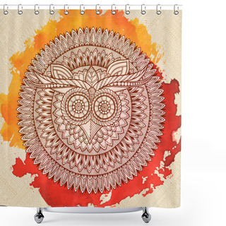 Personality  Birds Mandala Theme. Owl White Mandala With Abstract Ethnic Aztec Ornament Pattern On Colorful Watercolor Background. Owl Banner. Owl Tattoo.  Zentangle Inspired. Stylized Ethnic Owl. Shower Curtains