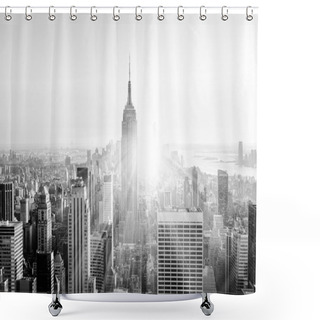 Personality  New York City. Manhattan Downtown Skyline With Illuminated Empire State Building And Skyscrapers At Sunset. Vertical Composition. Sunbeams And Lens Flare. Black And White Image. Shower Curtains