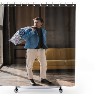 Personality  Handsome Young Man With Vintage Zippered Duffle Bag On Shoulder In Loft Interior Shower Curtains