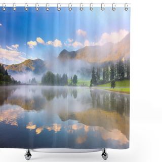 Personality  Foggy Morning Landscape In Alps Mountain And Lake With Reflectio Shower Curtains