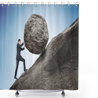 Personality  Sisyphus Metaphore. Young Businessman Pushing Heavy Stone Boulde Shower Curtains
