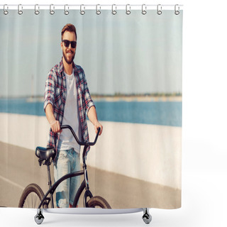 Personality  Just Me And My Bike. Handsome Young Man Standing Near His Bicycle And Smiling While Being Outdoors Shower Curtains