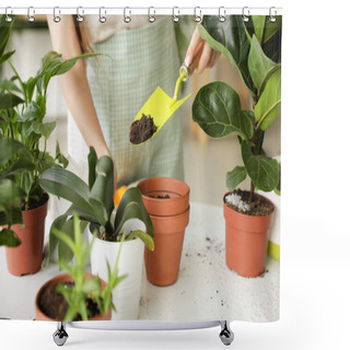 Personality  Young Woman Taking Care Of Her Plants At Home Shower Curtains