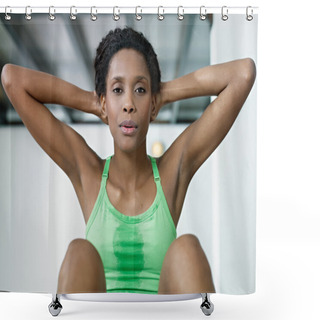 Personality  African Woman Doing Series Of Crunch In Gym Shower Curtains