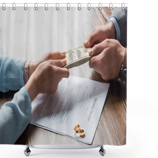 Personality  Cropped Shot Of Lawyer And Client Holding Dollar Banknotes Above Divorce Decree With Wedding Rings  Shower Curtains