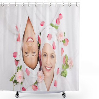 Personality  Two Smiling Friends In A Spa Shower Curtains