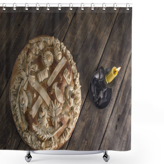 Personality  Festive Baked Bread On Wooden Background. Shower Curtains