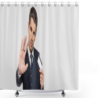 Personality  Successful Businessman In Suit Holding Credit Card And Showing Stop Gesture Isolated On Grey, Banner Shower Curtains