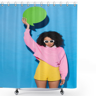Personality  African American Woman In Stylish Sunglasses Holding Empty Thought Bubble In Raised Hand On Blue Shower Curtains