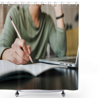 Personality  Image Of Young Asian Man Wearing Eyeglasses Writing Down Notes And Using Laptop In Apartment Shower Curtains