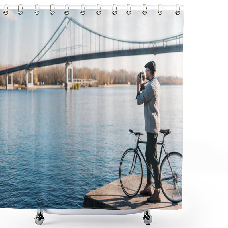 Personality  Handsome Man With Vintage Film Camera And Bike Standing On River Shore Shower Curtains