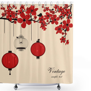 Personality  Floral Background With Chinese Lanterns And Birdcage Shower Curtains