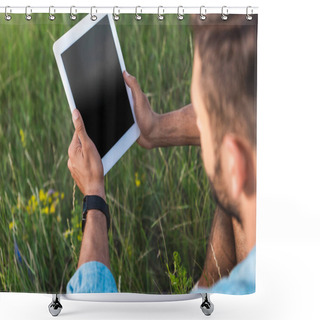 Personality  Selective Focus Of Man Using Digital Tablet With Blank Screen  Shower Curtains